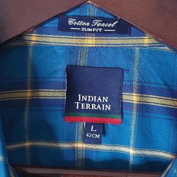 INDIAN TERRAIN Slim Fit Teal Plaid Cotton Tencel Long Sleeve Shirt Size Large - Picture 9 of 9